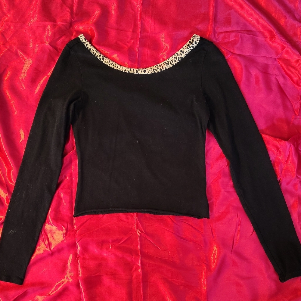American Eagle Black Long Sleeve Top With Leopard Trim